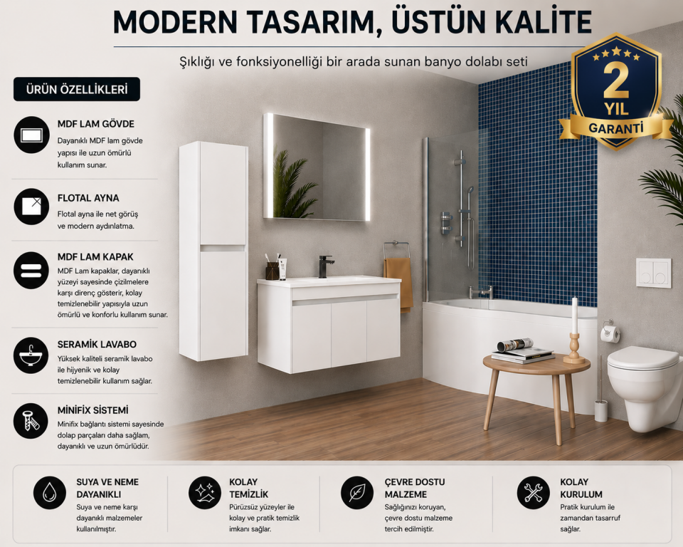 Sidon 100 Cm Mdflam Banyo Dolabı Takımı