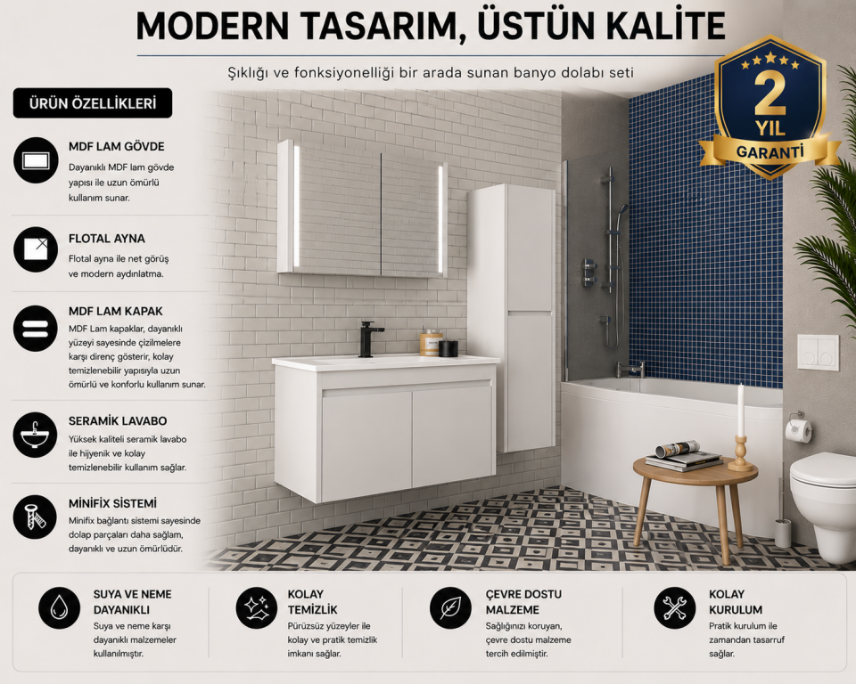 Sidon 65 Cm Mdflam Banyo Dolabı Takımı