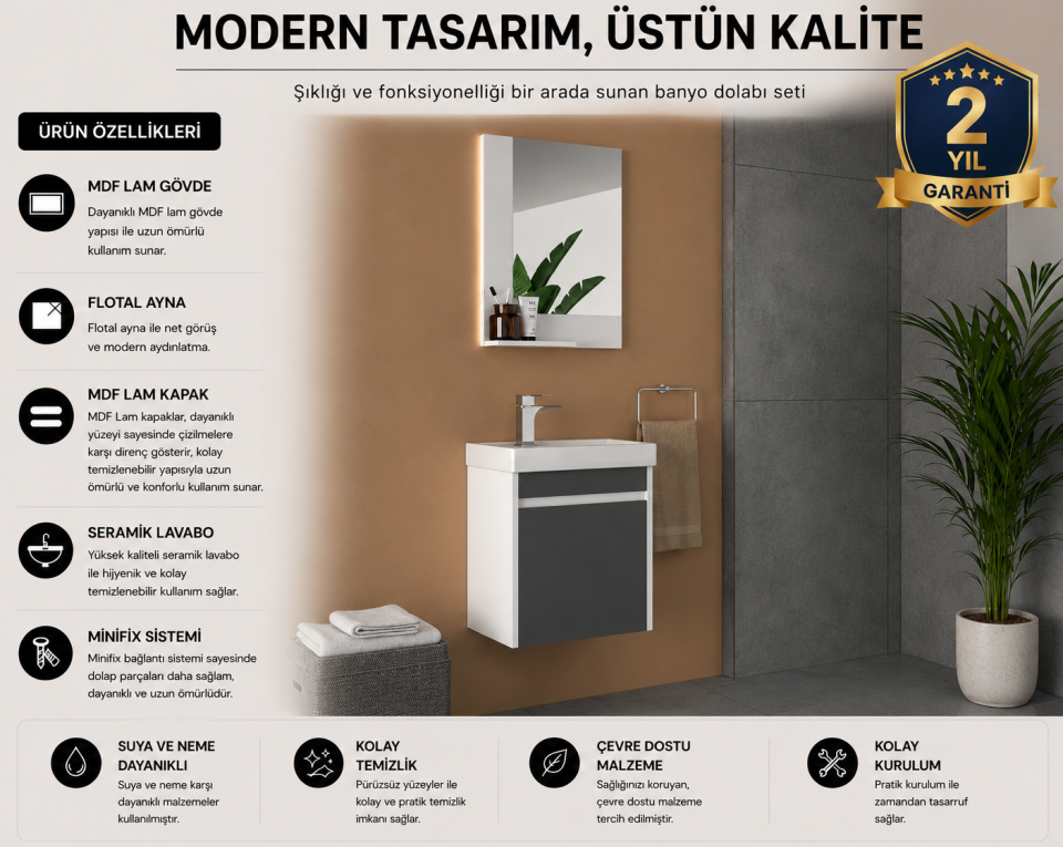 Madra 45 Cm Mdflam Banyo Dolabı Takımı