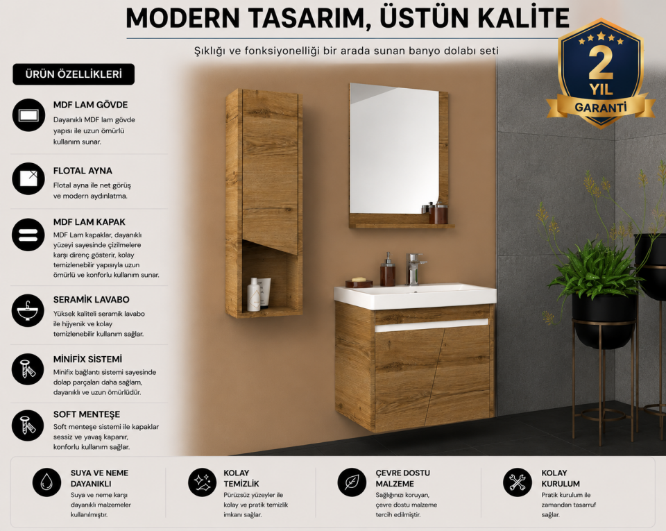 Jüpiter 60 Cm Mdflam Banyo Dolabı Takımı