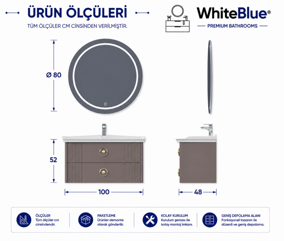 Lale 100 Cm Lake Banyo Dolabı Takımı