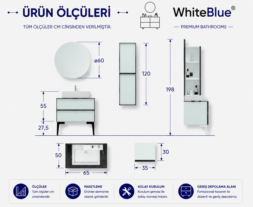 İmpera 65 Cm Mdflam Banyo Dolabı Takımı