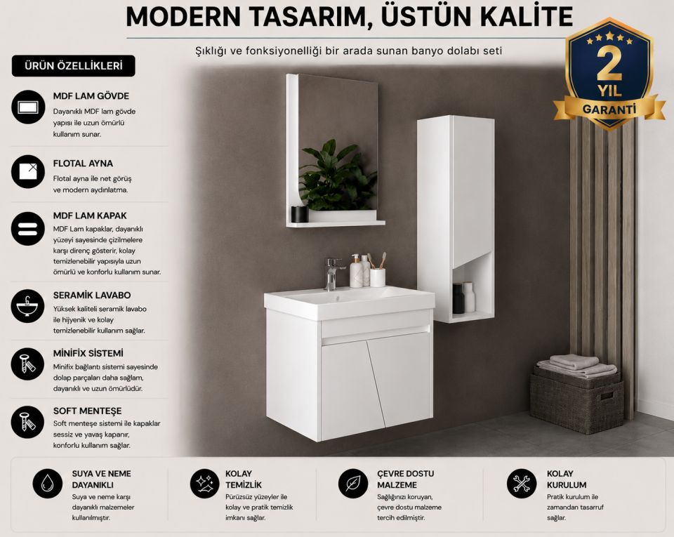 Floransa 60 Cm Mdflam Banyo Dolabı Takımı