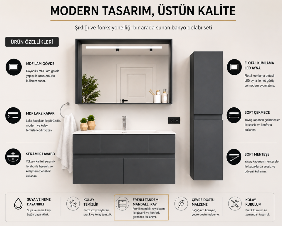 Diamond 65 Cm Membran Banyo Dolabı Takımı