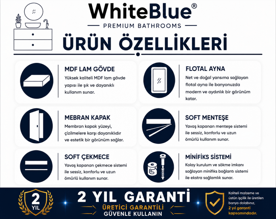 Alya 80 Cm Membran Banyo Dolabı Takımı