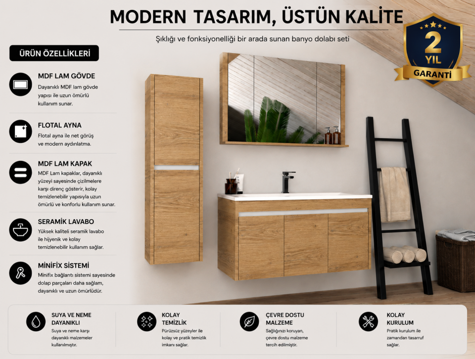 Zümrüt 100 Cm Mdflam Banyo Dolabı Takımı