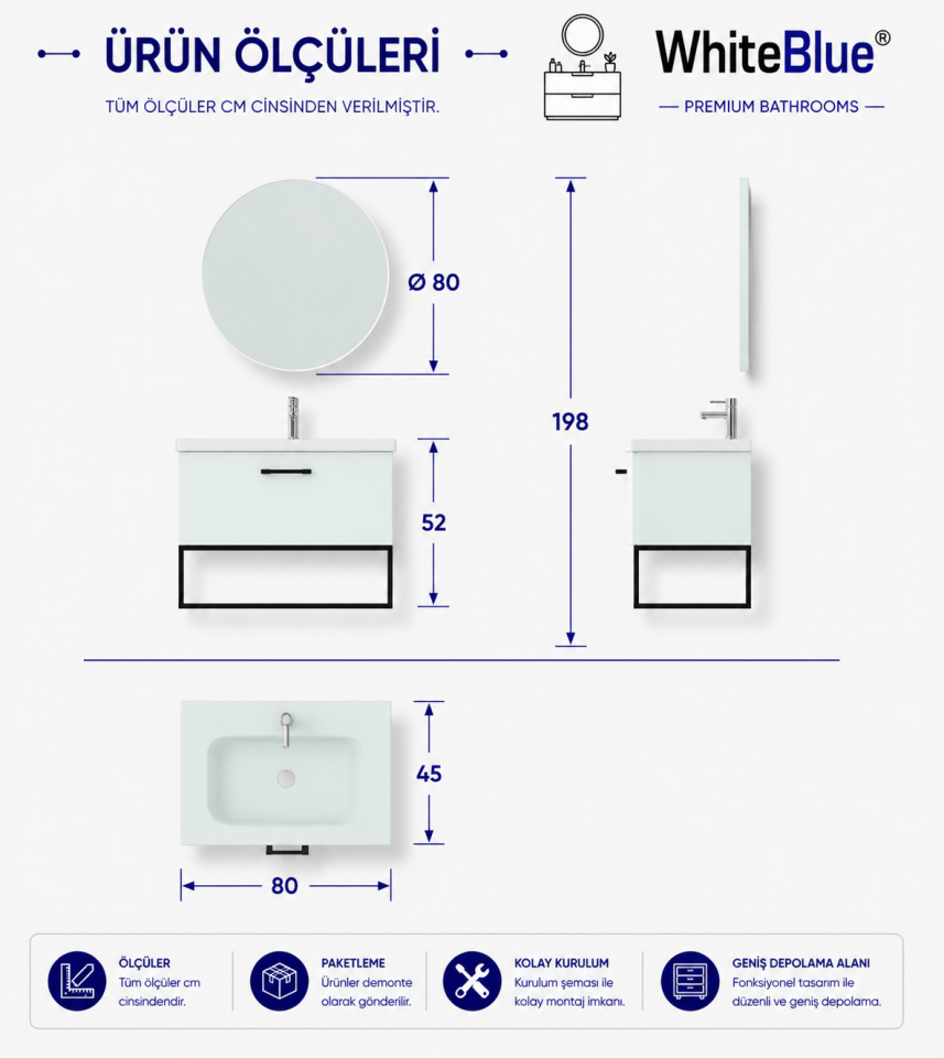 Turkuaz 80 Cm Mdflam Banyo Dolabı Takımı