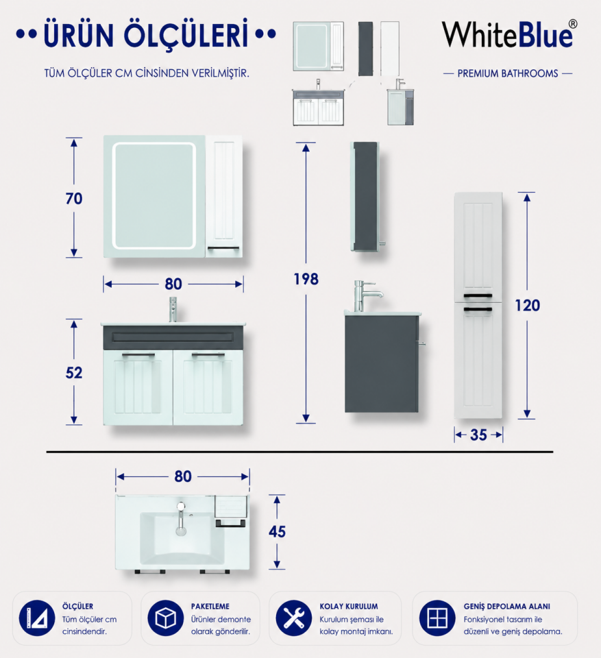 Defne 80 Cm Membran Banyo Dolabı Takımı