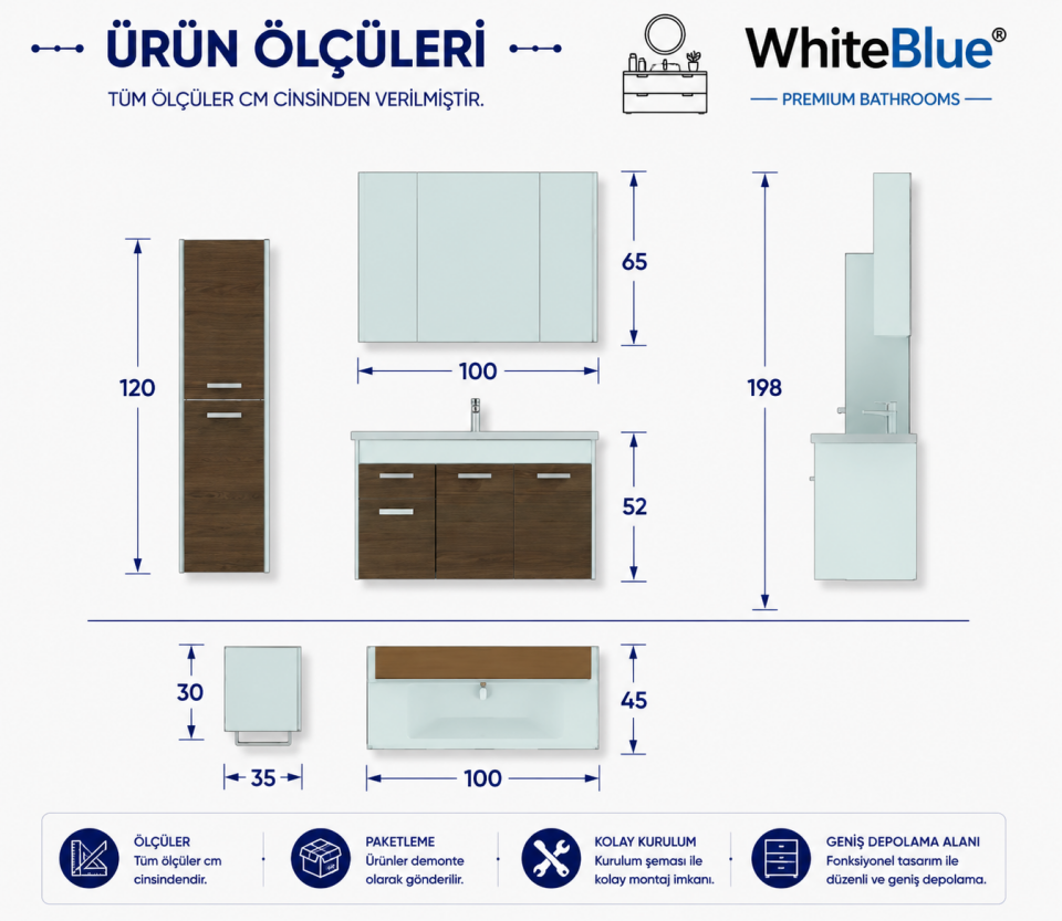 Hera 100 Cm Mdflam Banyo Dolabı Takımı