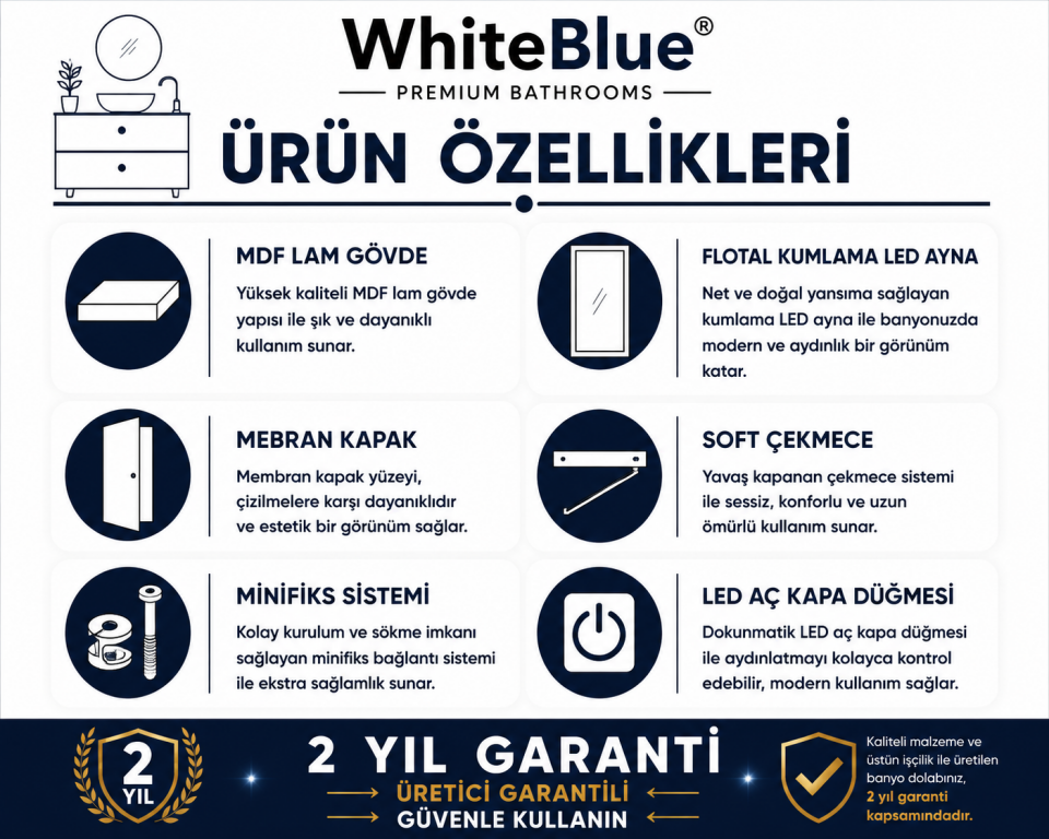 Lisbon 85 Cm Membran Banyo Dolabı Takımı