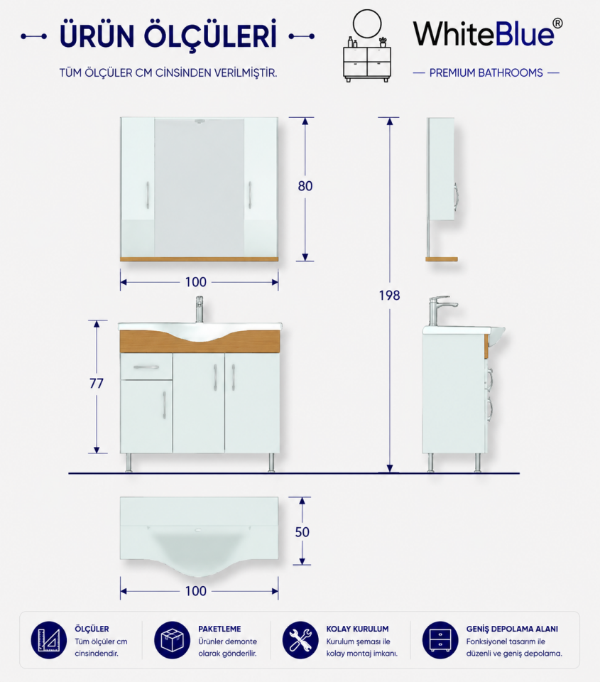 Milan 100 Cm Mdflam Banyo Dolabı Takımı
